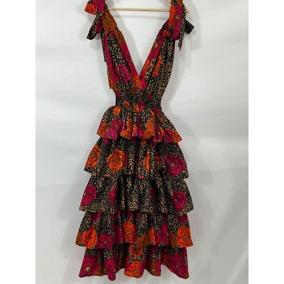 ELISAMAMA Sz S Small One Midi Dress Fuchsia Orange Black Floral Tiered Ruffle - Picture 3 of 11